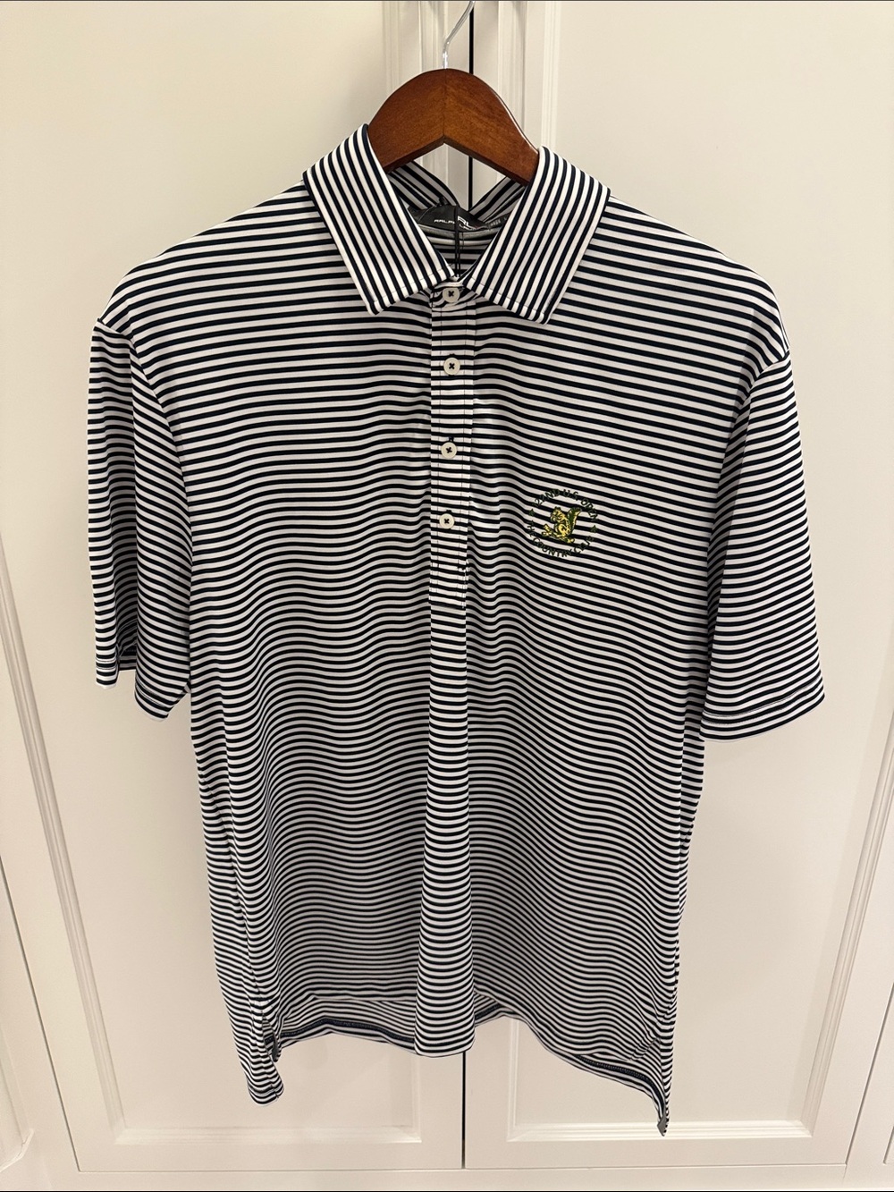 RLX Ralph Lauren Black and White Striped Polo with US Open The Country Club Logo